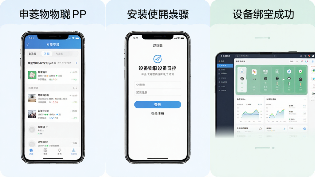 一张展示申菱物联APP安装与使用步骤的图片,画面分为三个部分,左侧是手机安装界面,中间是登录注册页面,右侧是设备绑定成功后的监控主界面,整体风格为教程图解风格,色调明亮清晰,画质干净无多余元素