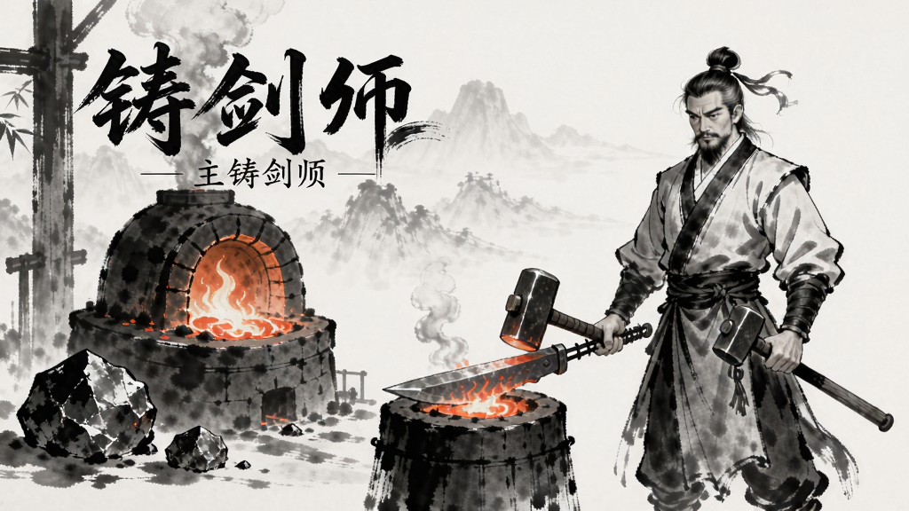 铸剑师 游戏 主界面 展示 古风 水墨 风格 铸剑 熔炉 铁锤 矿石 角色 立绘 细腻 画质 干净 无多余元素