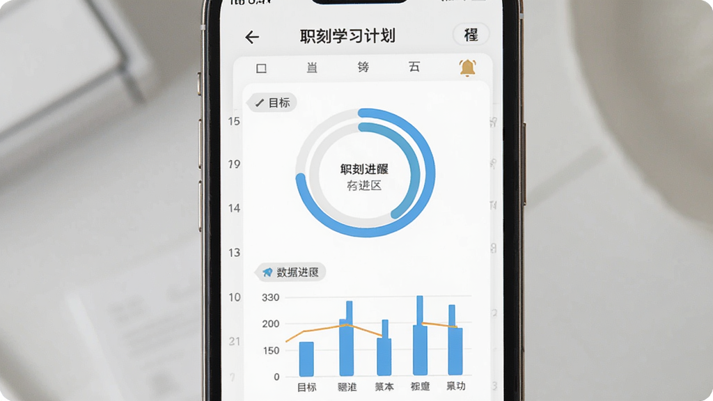 职刻学习计划设置界面,手机屏幕显示日历打卡与数据图表,主体为环形进度与柱状图,布局居中,风格素雅极简,细节有目标标签与提醒铃铛,画质高清,干净无多余元素