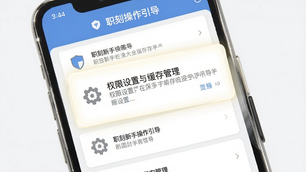 职刻新手操作引导页面,手机屏幕显示权限设置与缓存管理界面,主体为高亮提示框,布局为纵向列表,风格清爽素雅,细节有盾牌与齿轮图标,画质高清,干净无多余元素