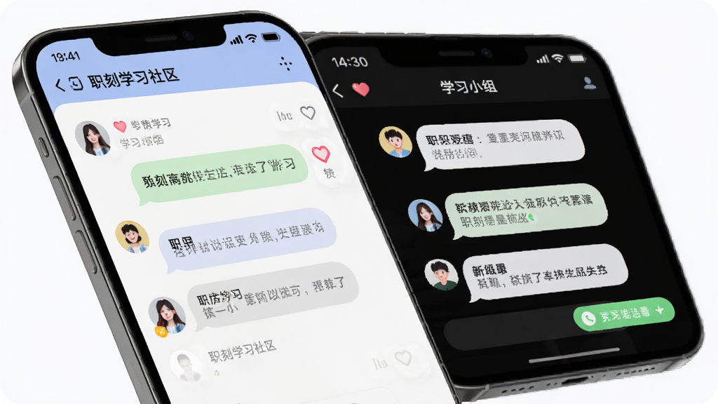 职刻学习社区界面,手机屏幕展示讨论区与学习小组聊天窗口,主体为互动消息气泡,布局左右分栏,风格柔和圆角,细节有用户头像与点赞图标,画质清晰,干净无多余元素