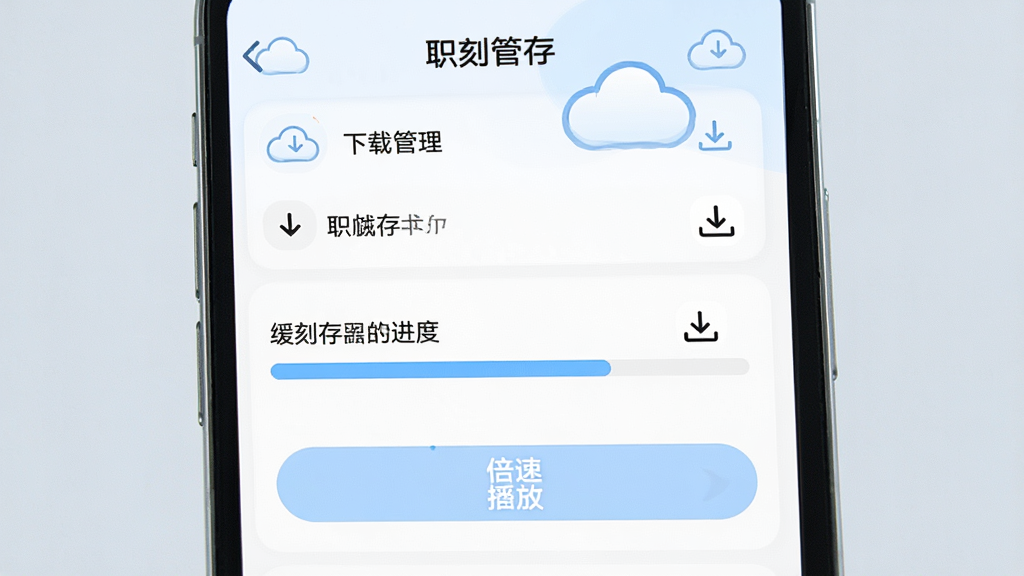 职刻离线缓存功能展示,手机界面显示下载管理列表与倍速播放按钮,主体突出缓存进度条,布局为上下结构,风格清新浅色,细节有云朵与下载箭头图标,画质高清,干净无多余元素