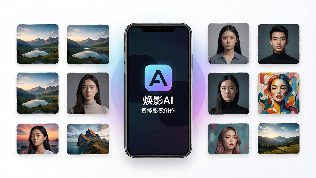 焕影AI软件主界面展示,画面中央是手机屏幕,屏幕上显示着焕影AI的LOGO和“智能影像创作”字样,周围环绕着AI生成的风景、人像、艺术画作等缩略图,布局采用居中对称排版,风格为现代科技感,细节包括柔和的渐变光效、干净的白色背景,画质高清,干净,无多余元素