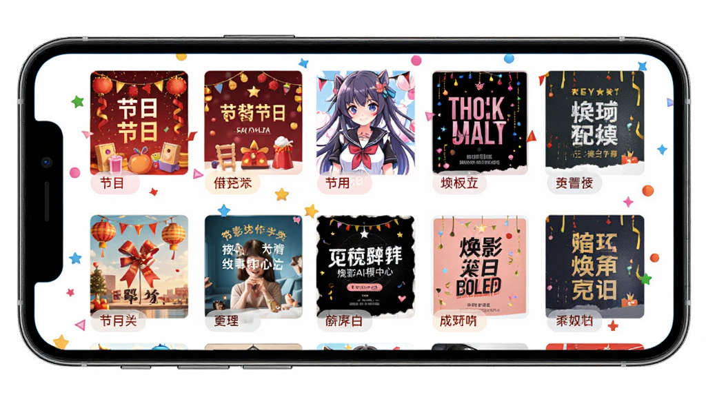 焕影AI模板中心界面,画面中手机屏幕显示着各种风格的模板缩略图,包括节日、动漫、海报等分类,布局为网格状排列,风格为活泼多彩,细节包括模板预览图、分类标签,画质高清,干净,无多余元素