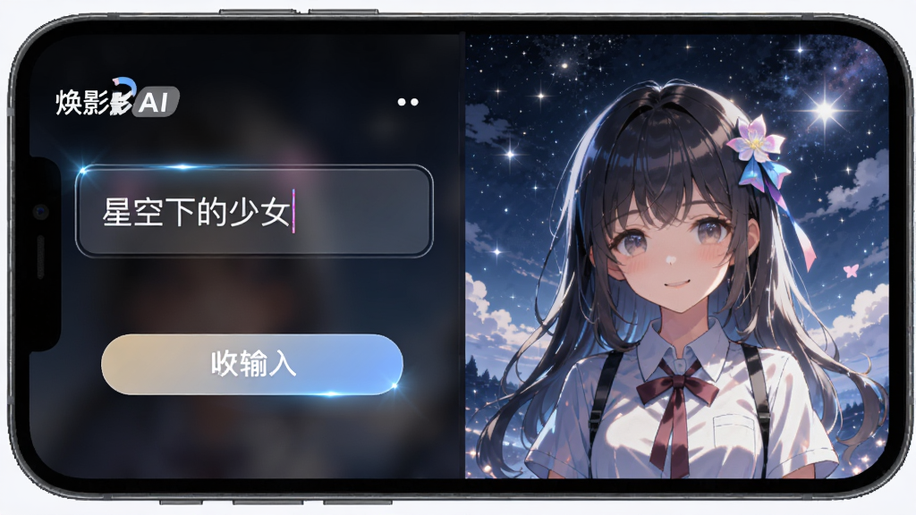 焕影AI的AI生成功能界面,画面主体是手机屏幕,屏幕上显示着输入框中的文字“星空下的少女”以及生成的精美二次元图片,布局为左右分栏,左侧输入,右侧预览,风格为简洁明亮的UI设计,细节包括按钮高光、字体清晰,画质高清,干净,无多余元素