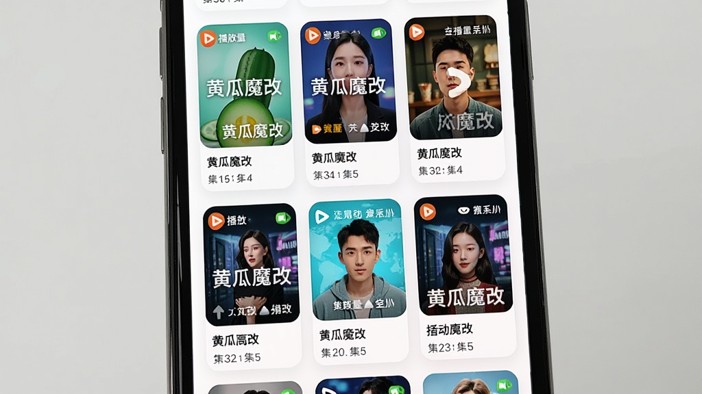 主体是手机屏幕中排列整齐的短剧封面墙,布局为三列网格排列,排版每张封面下方标注剧名与集数,风格为明亮清新的卡片式设计,细节包含