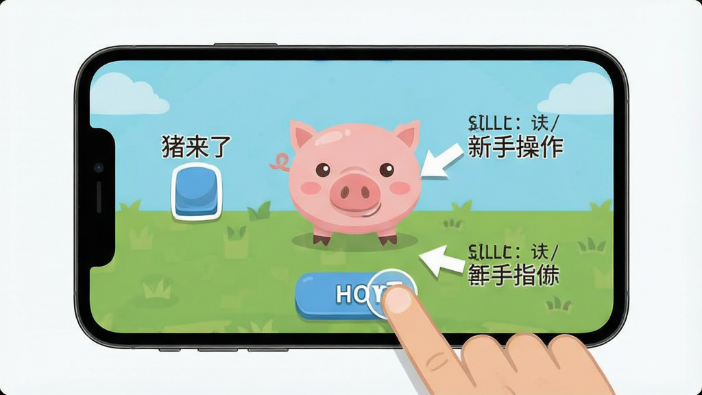 猪来了 新手操作指引 手机屏幕显示游戏主界面 有手指点击按钮的示意图 旁边标注着箭头和提示文字 背景简洁 风格扁平化教学 色彩清晰 画质干净 无多余元素