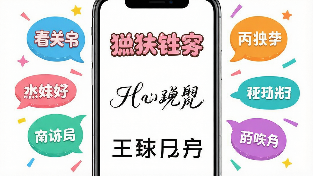一张展示手机屏幕字体美化效果的图片,画面中央是一部现代智能手机,手机屏幕上显示着不同风格的字体示例,包括可爱的卡通字体、优雅的手写体和简约的无衬线字体,周围环绕着彩色的字体气泡和装饰元素,整体布局清晰,排版以手机为中心向四周发散,风格清新活泼,细节上字体边缘锐利、色彩饱满,画质高清干净,无多余杂乱元素