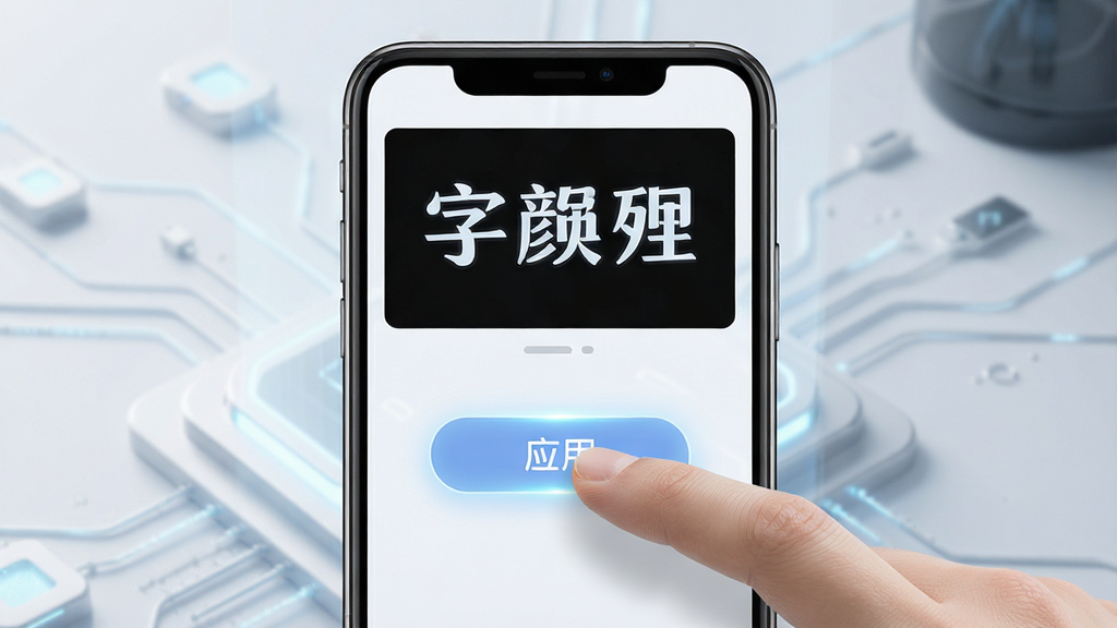 一张展示“字体美颜大师”一键换字体功能的操作示意图,画面中一只手正在点击手机屏幕上的“应用”按钮,屏幕上方显示着字体预览效果,背景为简洁的科技风格,布局以手机和手指为中心,细节上按钮带有轻微发光效果、字体预览清晰,画质高清干净,无多余元素