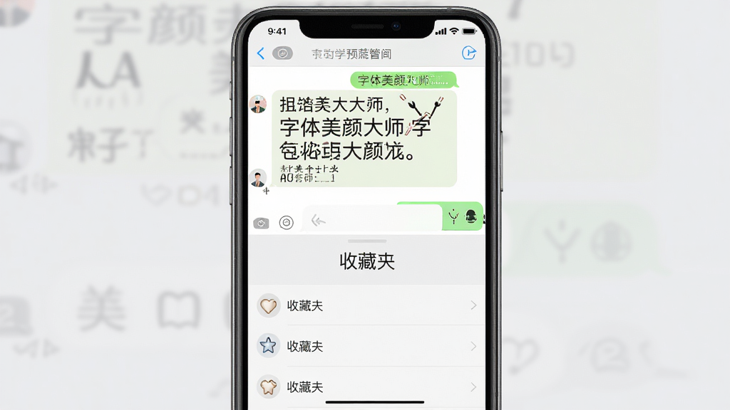 一张“字体美颜大师”字体预览与收藏管理界面的截图风格图片,画面中手机屏幕分为上下两部分,上半部分展示字体在聊天界面的预览效果,下半部分展示收藏夹列表,背景为淡雅的浅灰色,布局清晰对称,风格清爽素雅,细节上预览文字清晰、收藏图标精致,画质高清干净,无多余元素