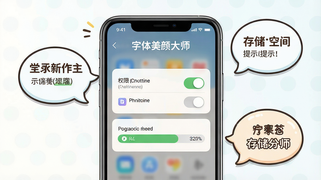 一张展示“字体美颜大师”新手操作注意事项的示意图,画面中手机屏幕显示着权限设置界面和存储空间提示,旁边有卡通风格的小贴士气泡,布局以手机为中心,风格轻松活泼,细节上权限开关和存储条清晰可见,画质高清干净,无多余元素