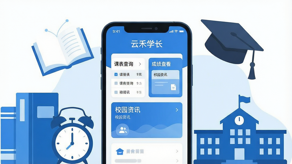 一张展示智慧校园生活场景的插画,画面中央是一部智能手机,屏幕显示“云禾学长”应用界面,界面包含课表查询、成绩查看、校园资讯卡片等模块;手机周围环绕着书本、学士帽、闹钟、校园建筑剪影等元素;整体采用扁平化插画风格,色调以蓝色和白色为主,清新明亮;画面布局居中对称,细节丰富但干净整洁,无多余杂乱元素;画质清晰,适合作为软件介绍配图