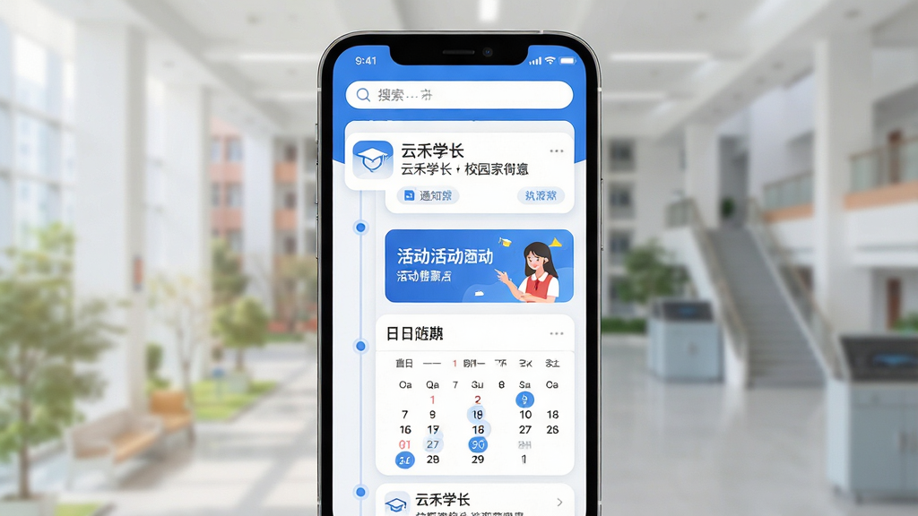 一幅展示校园资讯聚合功能的AI生成图,主体为“云禾学长”应用界面截图风格,屏幕中显示通知列表、活动横幅、日历标记等元素;布局采用上下滑动的时间线结构,顶部有搜索栏;风格为现代扁平化UI设计,蓝白配色;细节包括图标、小字标签、圆角卡片;画质高清,画面干净,无多余装饰元素