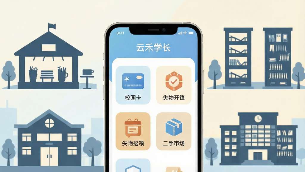 一幅展示校园生活服务功能的AI生成图,画面以“云禾学长”应用界面为核心,界面中展示校园卡、报修、失物招领、二手市场等图标按钮;背景为校园生活场景的简洁剪影,如食堂、宿舍楼、图书馆;风格为清新扁平化设计,色调柔和,以浅蓝和米白为主;画面布局清晰,图标排列整齐,画质干净高清,无多余元素