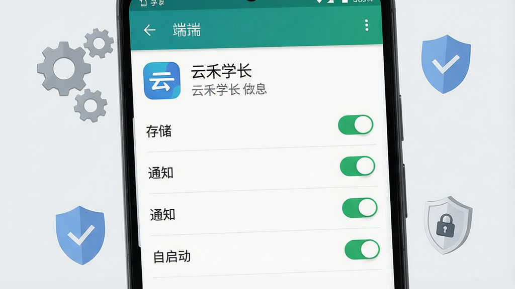 一张展示手机端应用权限设置界面的示意图,画面中手机屏幕显示“云禾学长”应用信息页面,包含存储、通知、自启动等权限开关,部分开关呈开启状态;界面风格为安卓原生设置风格,简洁明了;背景为浅灰色,手机周围有齿轮、盾牌等安全图标点缀;画质清晰,画面干净,无多余文字元素