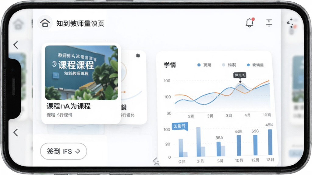 知到教师版应用主界面展示,主体为一部安卓手机屏幕,布局为课程管理首页,排版顶部显示教师姓名与课程卡片,风格为清新简约教育类UI设计,细节包含课程封面、签到按钮、学情数据图表,画质清晰干净无多余元素