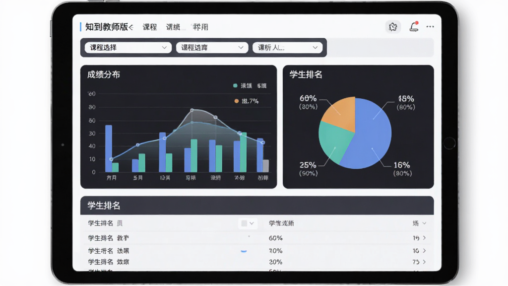 知到教师版学情数据统计页面,主体为平板电脑屏幕展示数据图表,布局上方为课程选择栏,中间为柱状图与饼图组合,下方为学生排名列表,风格为现代数据可视化教育界面,细节包含成绩分布曲线与百分比数字,画质清晰干净无多余元素