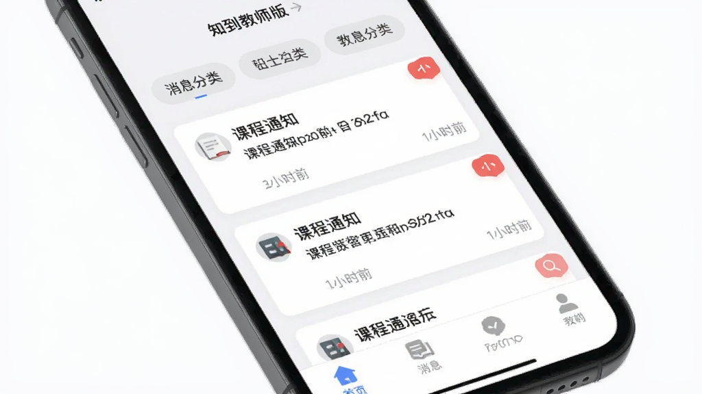知到教师版移动端消息通知界面,主体为手机屏幕展示通知列表,布局上方为消息分类标签,中间为课程通知卡片,下方为底部导航栏,风格为轻量级教育应用UI,细节包含红色未读角标与时间戳,画质清晰干净无多余元素