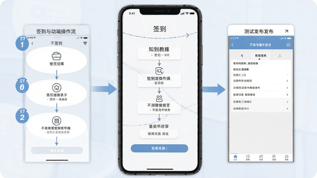 知到教师版移动端操作指引示意图,主体为手机屏幕展示签到与测验操作流程,布局左侧为签到步骤截图,右侧为测验发布截图,风格为教程类信息图设计,细节包含箭头指引与步骤编号,画质清晰干净无多余元素