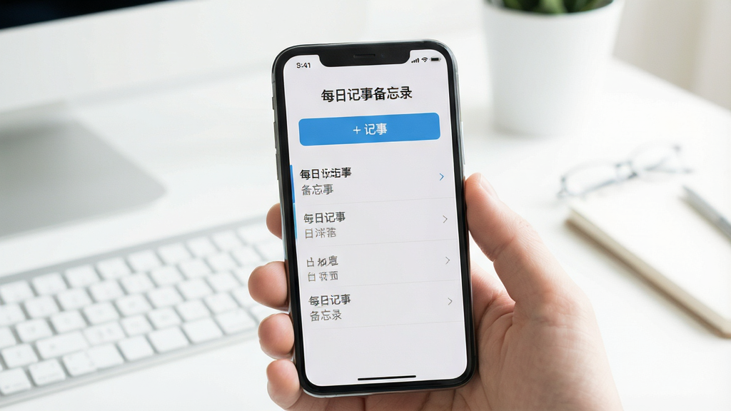 一张展示手机屏幕的图片,屏幕中央显示“每日记事备忘录”应用界面,界面简洁,有添加记事按钮和列表,背景是明亮的桌面,风格清新简约,细节清晰,画质干净,无多余元素