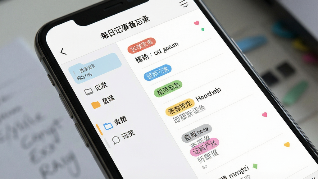 一张展示手机屏幕的图片,屏幕中显示“每日记事备忘录”的分类管理界面,左侧是分类文件夹列表,右侧是带标签的记事条目,界面布局清晰,有彩色标签点缀,风格现代商务,细节丰富,画质干净,无多余元素
