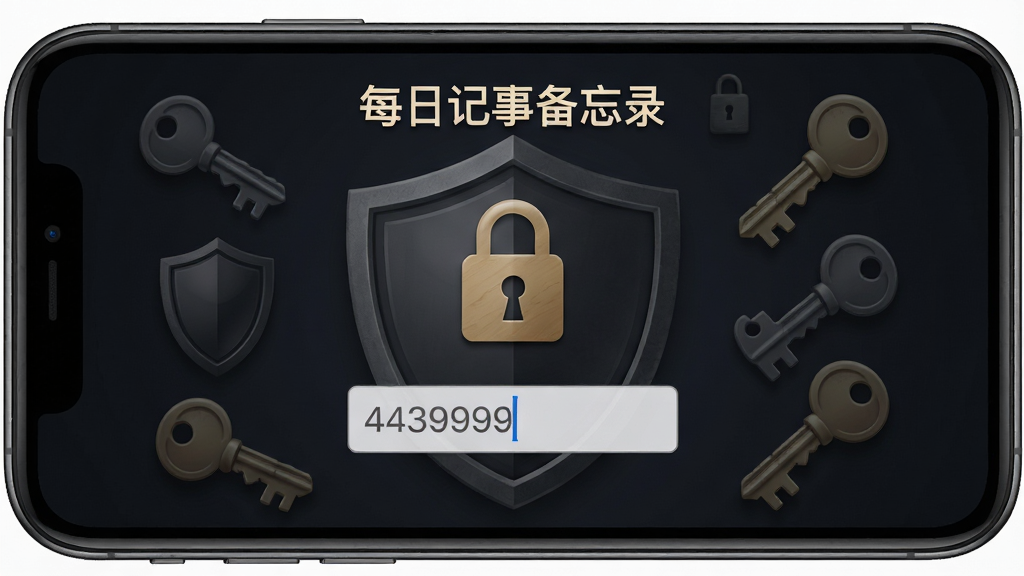 一张手机界面图片,展示“每日记事备忘录”的密码锁定界面,屏幕中央有一个锁形图标和密码输入框,背景为深色,有盾牌和钥匙的装饰元素,象征安全与隐私,风格沉稳,细节清晰,画质干净,无多余元素