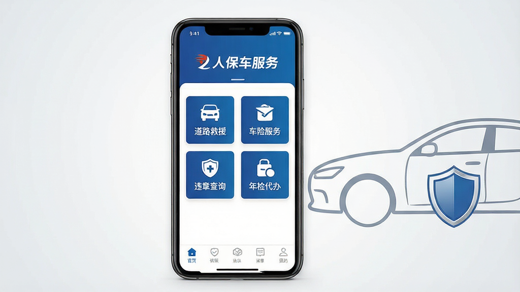 一张展示人保车服务APP核心界面的手机样机图,画面中央放置一部竖屏智能手机,屏幕内呈现APP首页布局,上方为品牌标识区域,中部为功能图标矩阵包含道路救援、车险服务、违章查询、年检代办等入口,下方为底部导航栏,整体采用蓝白配色风格,背景为干净的浅灰色渐变,画面右侧点缀汽车轮廓线条和盾牌安全图标元素,风格简洁商务,细节清晰,画质高清,干净无多余元素