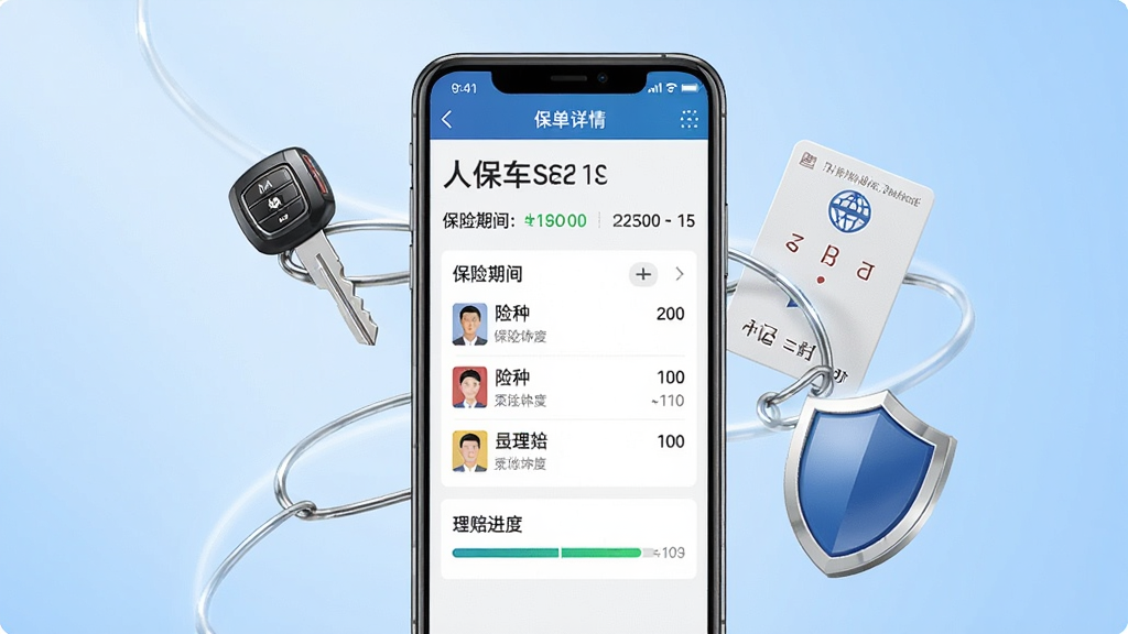 一张展示人保车服务APP车险服务功能的场景图,画面中央为手机屏幕特写,屏幕内显示保单详情页面,包含保险期限、险种列表和理赔进度条,手机周围环绕汽车钥匙、行驶证、盾牌等元素,背景为柔和的蓝色渐变,风格商务简洁,细节清晰,画质高清,干净无多余元素