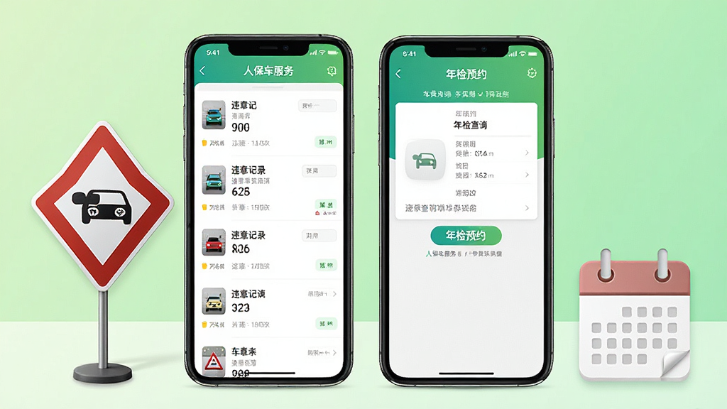 一张展示人保车服务APP违章查询与年检功能的界面图,画面中央为手机屏幕,屏幕内显示违章记录列表和年检预约页面,手机旁边放置交通标志牌和日历图标,背景为清新的浅绿色渐变,风格简洁明快,细节清晰,画质高清,干净无多余元素