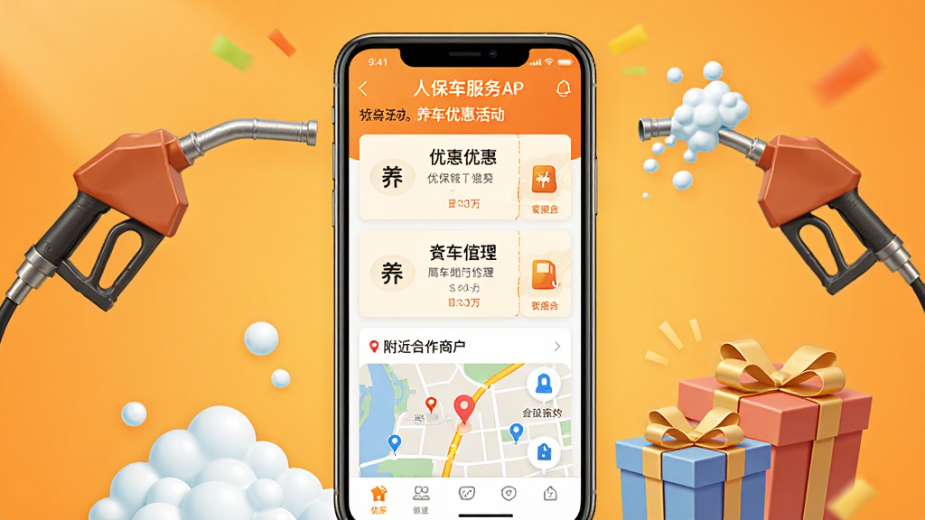 一张展示人保车服务APP养车优惠活动的界面图,画面中央为手机屏幕,屏幕内显示优惠券列表和附近合作商户地图,手机周围点缀加油枪、洗车泡沫、礼品盒等元素,背景为温暖的橙黄色渐变,风格活泼亲民,细节清晰,画质高清,干净无多余元素