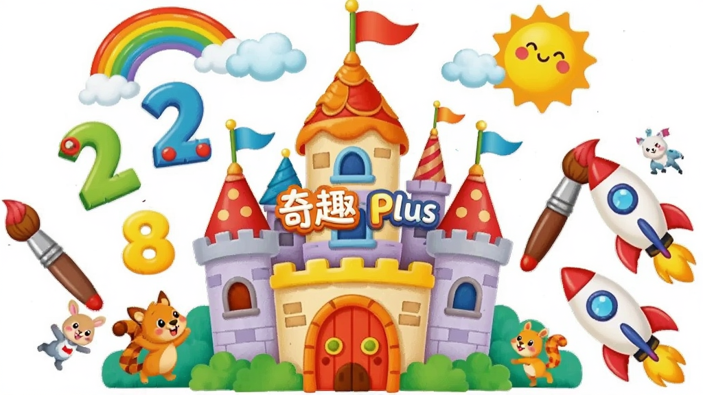 画面中央是一个充满童趣的卡通城堡,城堡上方写着“奇趣 Plus”字样,城堡周围环绕着数字、字母、画笔、小火箭等学习元素,布局采用中心对称式,风格为明亮活泼的儿童插画风,细节包括彩虹、云朵、微笑的太阳和跳跃的小动物,画质清晰色彩鲜艳,干净无多余元素。