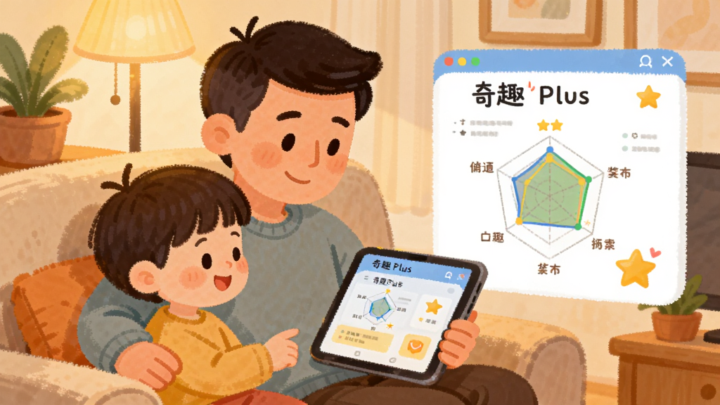 一幅温馨的家庭场景插画,一位家长和孩子一起看着平板电脑,屏幕上显示“奇趣 Plus”的学习报告界面,报告中有雷达图和星星奖励,布局为左右结构,左侧是家长和孩子,右侧是悬浮的界面元素,风格为温暖柔和的卡通手绘风,细节包括沙发、绿植和柔和的灯光,画质细腻,干净无多余元素。