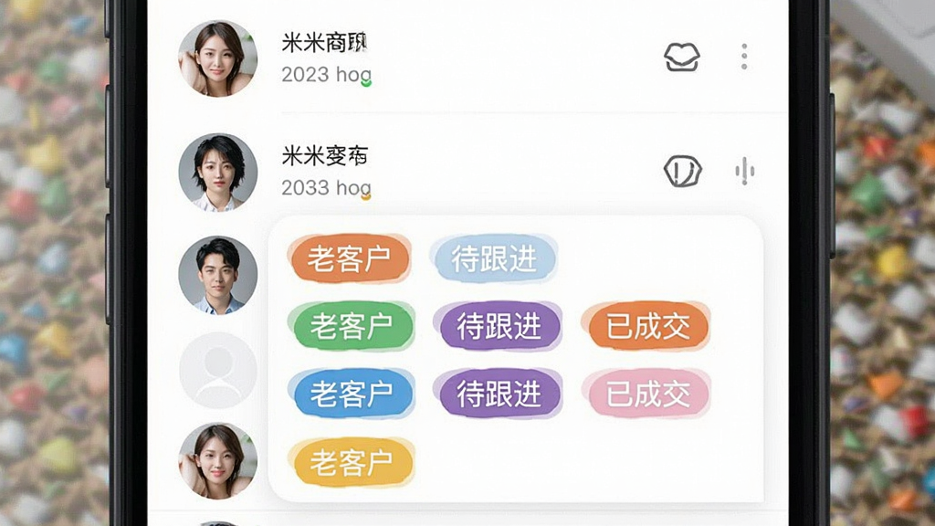 一张米米商聊客户标签管理界面的手机截图风格图片,屏幕内展示联系人列表与彩色标签分类,标签包含“老客户”“待跟进”“已成交”等文字,界面排版整齐,背景为纯白,风格清新简洁,画质清晰,干净无多余元素