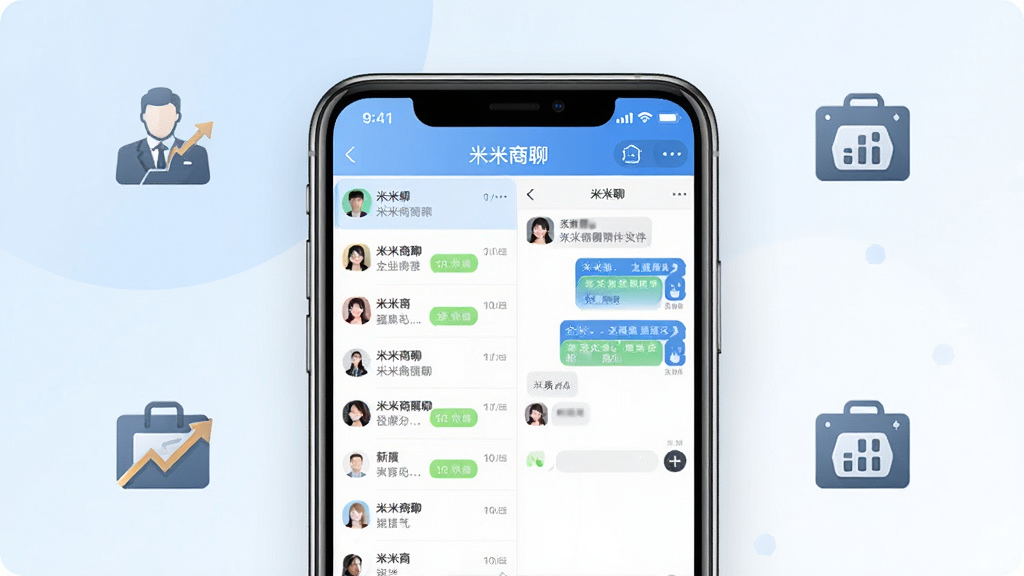 一张展示米米商聊软件界面的手机样机图,画面中央放置一部现代智能手机,屏幕内呈现米米商聊聊天列表与对话窗口,界面干净整洁,周围环绕简约的商务图标元素,背景为浅蓝与白色渐变,整体风格清爽商务,细节清晰,画质高清,干净无多余元素