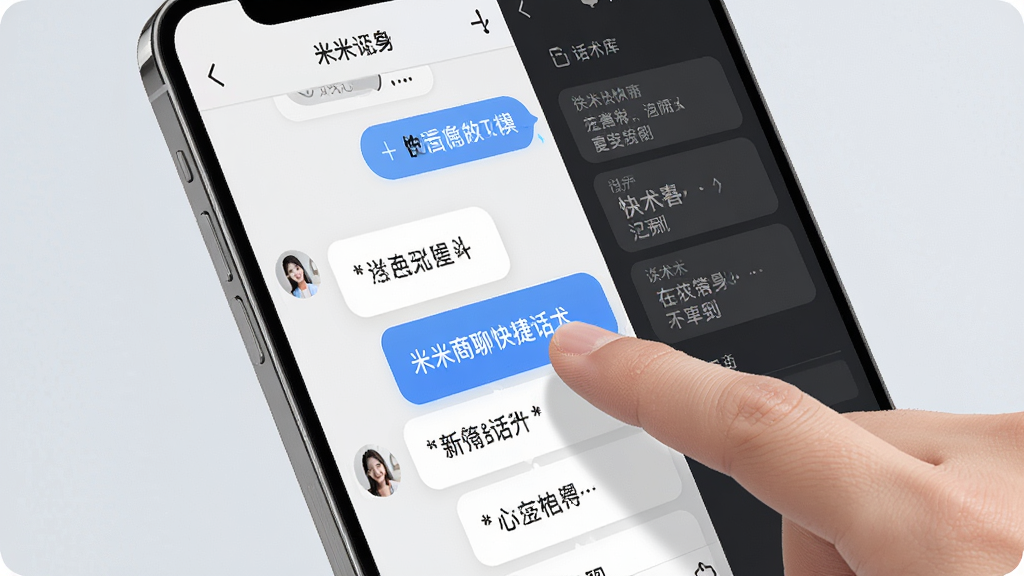 一幅米米商聊快捷话术功能的界面展示图,画面中手机屏幕显示聊天窗口与话术库侧边栏,多个快捷短语以卡片形式排列,手指正点击其中一条话术,背景为柔和浅灰色,整体布局清晰有序,风格简约商务,细节精致,画质高清,干净无多余元素