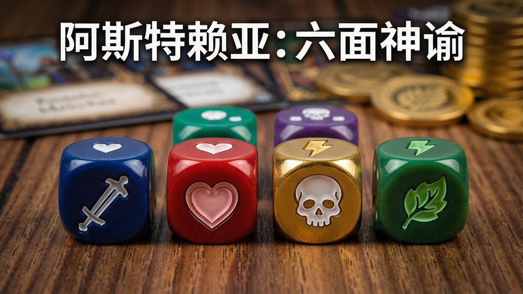 六颗不同颜色的骰子整齐排列在木制桌面上,每颗骰子朝上的面显示不同图标如剑、盾、心形、骷髅、闪电、树叶,背景是模糊的卡牌与金币堆叠,主体清晰居中,上方用白色字体标注“阿斯特赖亚: 六面神谕”,风格为写实桌面游戏摄影,细节包括骰子材质反光与桌面纹理,画质高清,画面干净,无多余元素