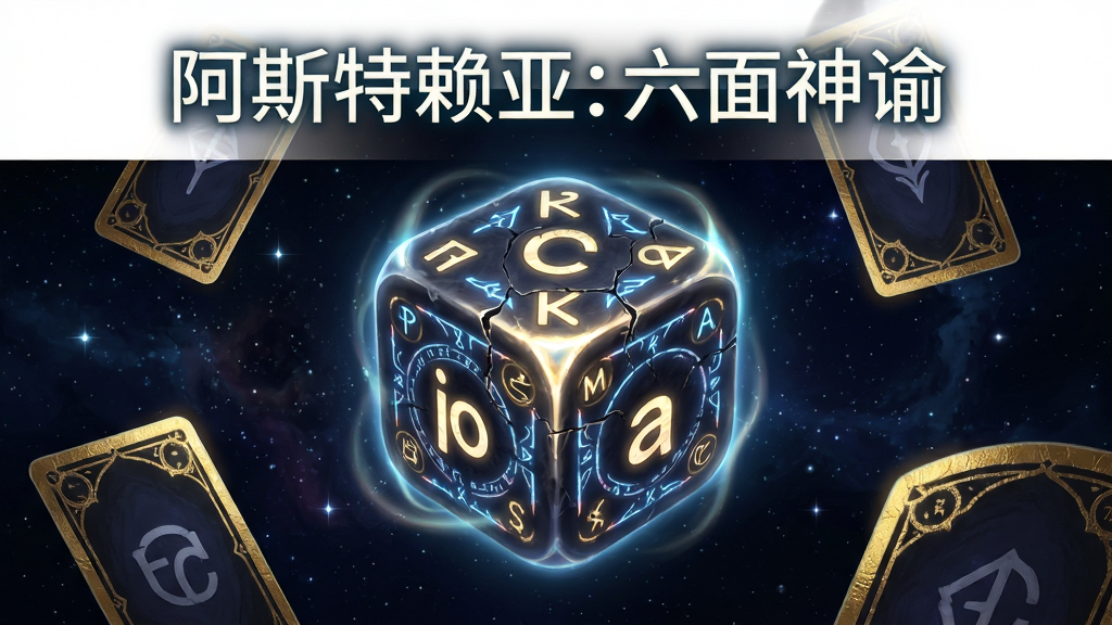 画面中央放置一枚发光的六面骰子,骰子每一面刻有不同元素符号与神秘纹路,背景是深邃的星空与漂浮的卡牌轮廓,主体居中布局,上方留白区域用发光字体写着“阿斯特赖亚: 六面神谕”,排版简洁明了,风格为暗黑奇幻插画风,细节包括骰子表面的裂纹与光晕、卡牌边缘的烫金质感,画质高清,画面干净,无多余元素