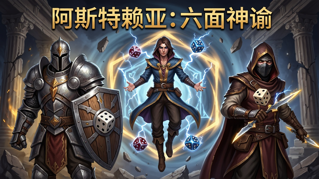 三位风格迥异的角色并排站立,左侧角色身披重甲手持盾牌骰子,中间角色悬浮空中周身环绕闪电骰子,右侧角色蒙面手持双刃骰子,背景是破碎的神殿与旋转的六边形法阵,主体突出角色轮廓,上方用金色字体写着“阿斯特赖亚: 六面神谕”,风格为游戏角色立绘,细节包括服饰纹理与技能光效,画质高清,画面干净,无多余元素