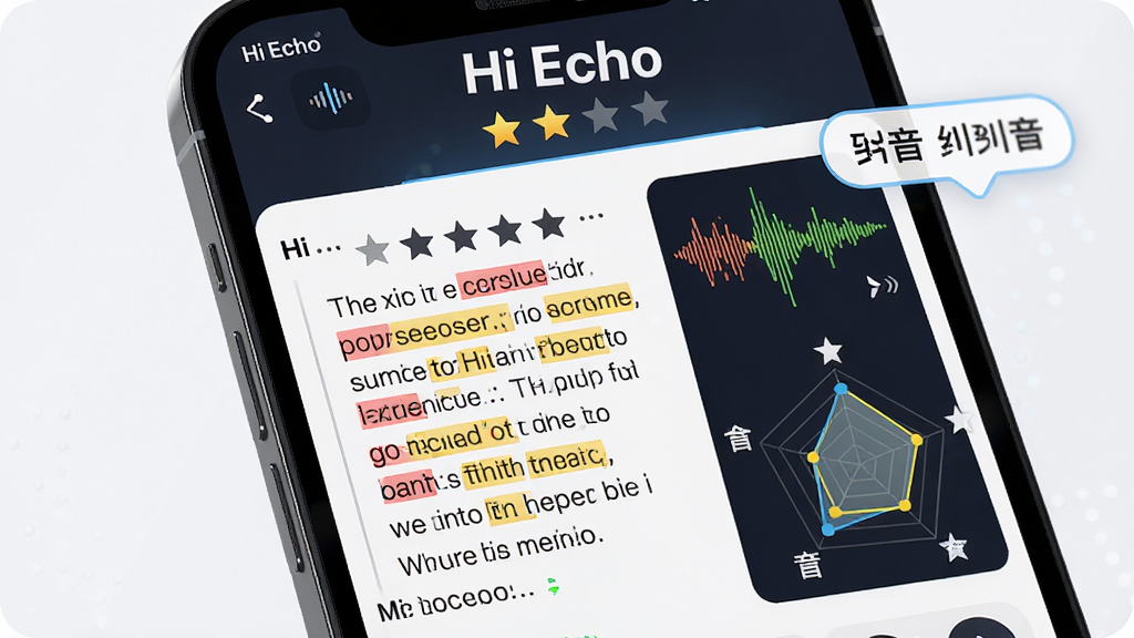 一幅展示Hi Echo发音评测功能的AI生图,主体是手机屏幕特写,屏幕上显示一段英语对话文本,部分单词被红色和黄色高亮标注,旁边有发音波形图和五维评分雷达图,布局采用居中特写构图,风格为清新科技风,细节包括屏幕上方醒目的