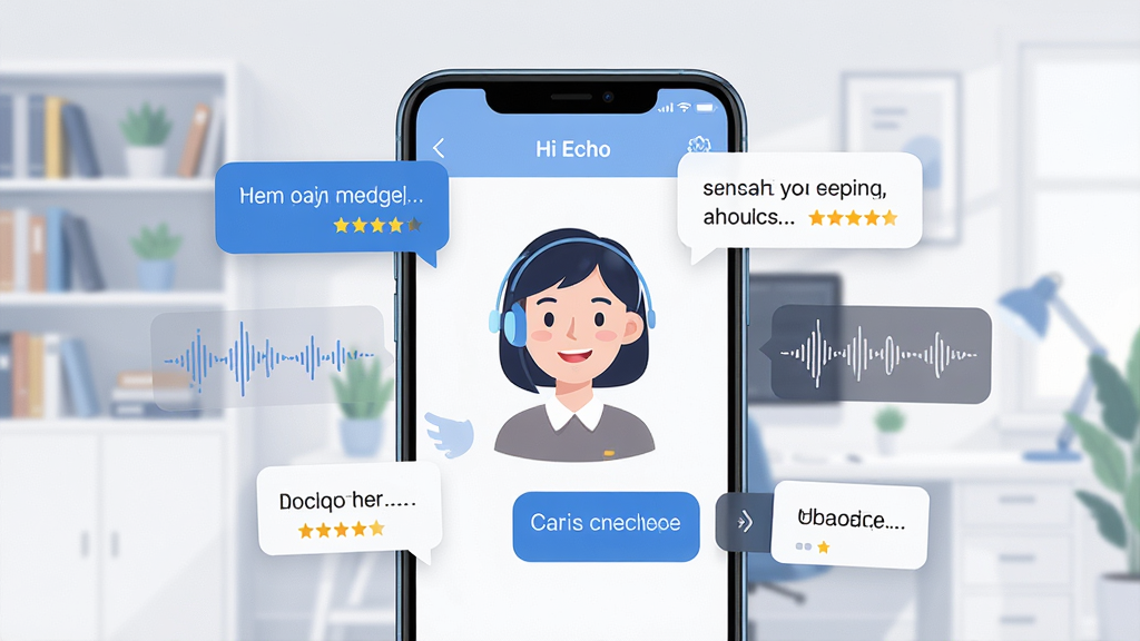 一张展示Hi Echo软件核心全貌的图片,画面中央是一部现代智能手机,手机屏幕上清晰显示着Hi Echo的对话界面,一位面带微笑的AI虚拟人形象正与用户进行英语对话,屏幕周围环绕着漂浮的对话气泡、发音波形图和英语单词卡片,背景是简洁明亮的现代书房环境,布局采用居中构图,风格为科技感与教育感融合的扁平化插画,细节包括手机边缘的光影质感、气泡内的英文短句和发音评分星级,画质高清,干净,无多余元素