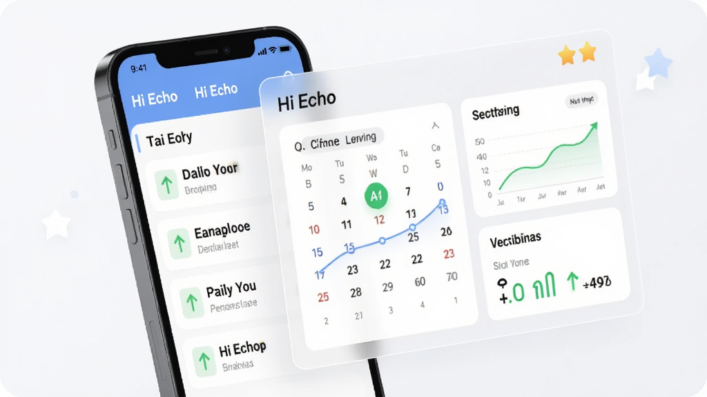 一幅展示Hi Echo个性化学习计划的AI生图,主体是一部手机和一块悬浮在空中的数据面板,手机屏幕上显示每日任务列表,数据面板上展示着打卡日历、进步曲线图和词汇量统计,布局采用前后景层次构图,风格为简约商务插画,细节包括面板上清晰的