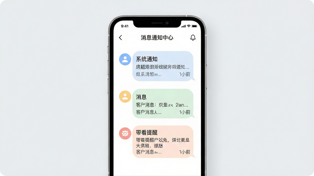 房超经纪人消息通知中心界面图,画面中央为手机屏幕,屏幕内展示消息列表,包含系统通知、客户消息和带看提醒等条目,每条消息带有图标和时间戳。布局为列表式排版,风格为简约清新风,细节上消息气泡圆润,图标配色柔和,背景为浅灰,画质干净整洁,无多余装饰元素。