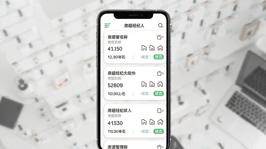 房超经纪人软件功能展示图,画面主体为手机屏幕内的房源管理界面,展示多条房源信息卡片,每张卡片包含小区名称、价格、户型图标和状态标签。布局采用上下滚动式列表排版,风格为清爽商务风,细节上卡片带有圆角与浅色阴影,背景为纯白,整体画质清晰干净,画面中可出现房超经纪人字样。