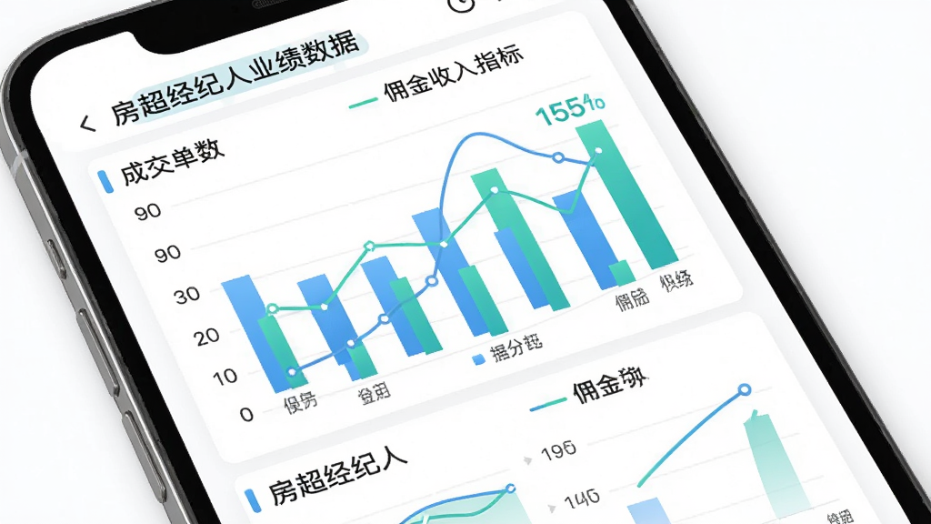房超经纪人业绩数据统计图,画面主体为手机屏幕内展示柱状图与折线图组合的数据面板,图表颜色为蓝绿配色,包含成交单数、佣金收入等指标。布局为上下排列,风格为现代数据可视化风,细节上图表线条流畅,数字清晰,背景为白色,画质干净明亮,画面中可出现房超经纪人字样。