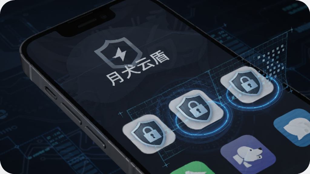 一部手机屏幕中显示“月犬云盾”正在对多个应用图标进行加固扫描,图标上出现盾牌与锁形标记,周围有蓝色光晕与数据网格,背景为深色科技风,画质干净清晰。