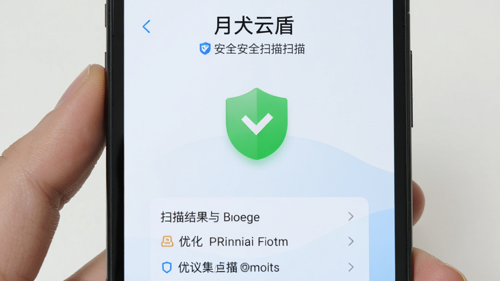 手机屏幕显示“月犬云盾”安全扫描完成界面,绿色盾牌图标居中,下方列出扫描结果与优化建议,背景为干净的白色与浅蓝渐变,风格简洁明了,画质清晰。