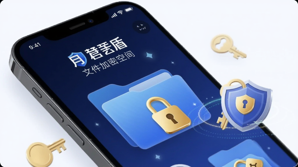 手机界面展示“月犬云盾”文件加密空间,文件夹图标带有金色锁形标记,背景为深蓝色,画面中有钥匙与盾牌元素,风格简洁安全,画质清晰。