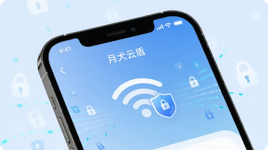 手机屏幕显示“月犬云盾”网络防护界面,Wi-Fi信号图标旁有盾牌标记,背景为浅蓝色渐变,画面中有数据流与锁形图标,风格清爽干净。