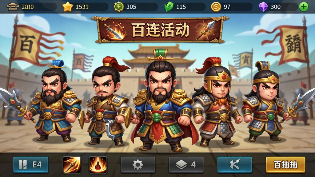 百龙霸业-放置三国100连抽游戏主界面截图,画面中央展示五位Q版三国武将站立排列,背景是古代城池与战旗,界面顶部显示资源栏与百连抽活动横幅,底部为功能按钮区,整体布局清晰,风格为卡通渲染,细节包括武将服饰纹理、技能图标、抽卡按钮,画质高清,干净,无多余元素