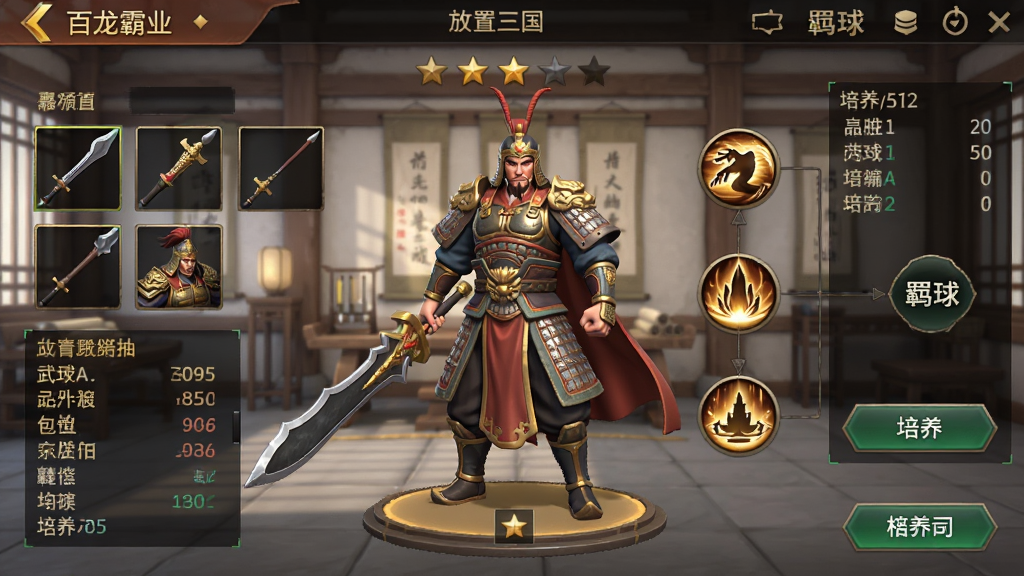 百龙霸业-放置三国100连抽武将养成界面,画面中央展示一位三国武将的3D模型,周围环绕装备栏、技能图标、星级显示,背景为古代书房风格,排版清晰,细节包括属性数值、培养按钮、羁绊连线,画质高清,干净,无多余元素